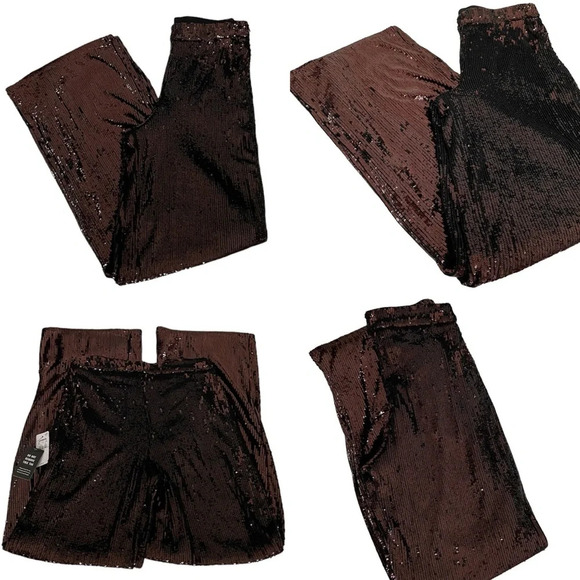 Express Brown Sequin High Rise Wide Leg Women’s Trouser Pants 4R NWT - Picture 1 of 13